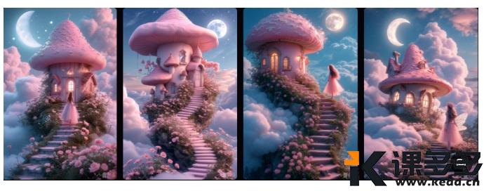 图片[3]-（附提示词）美爆了！用AI制作云朵上的蘑菇屋， 美丽的童话小镇！-课多多