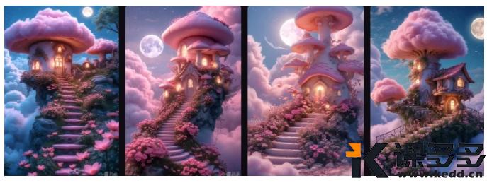 图片[4]-（附提示词）美爆了！用AI制作云朵上的蘑菇屋， 美丽的童话小镇！-课多多