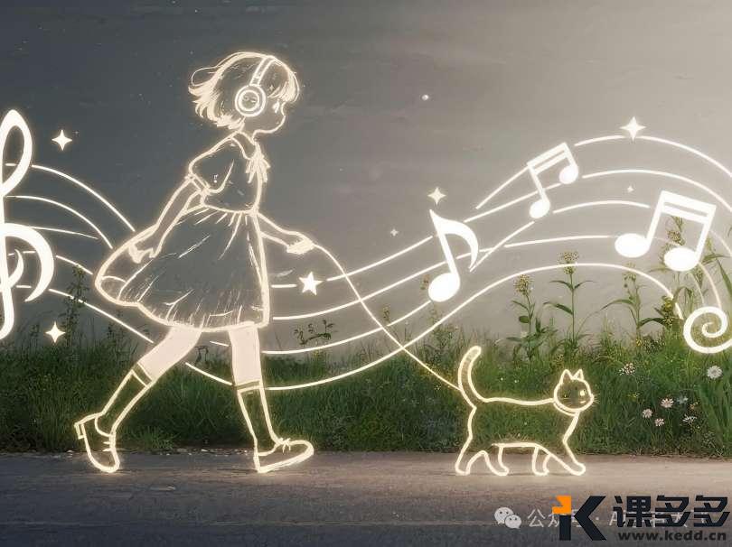 谁懂啊！简单的耳机女孩+发光小猫，这插画把童真焊在画面里了（附提示词）-课多多